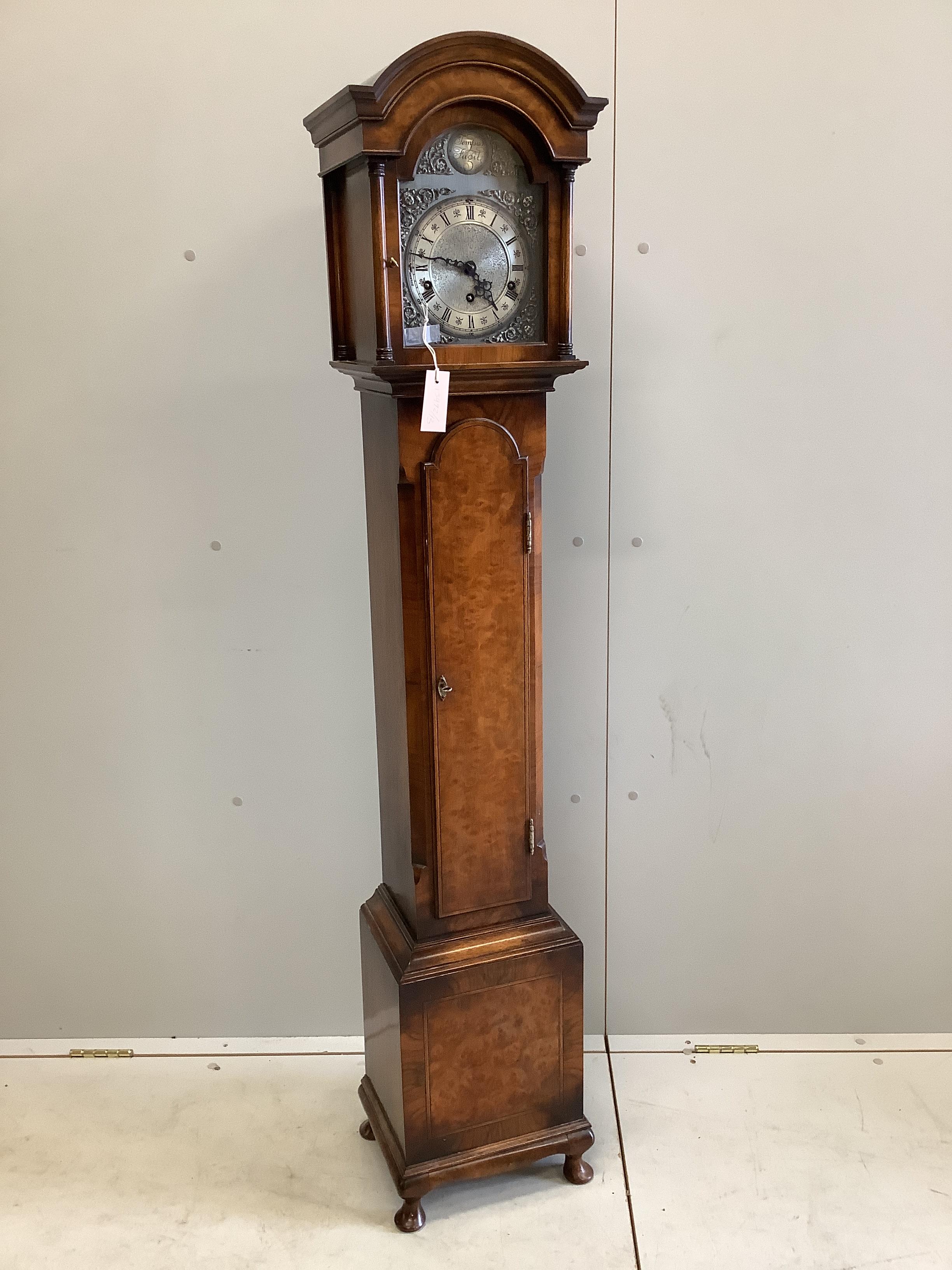 A reproduction 18th century style walnut grandmother clock with Whittington and Westminster chimes, height 153cm